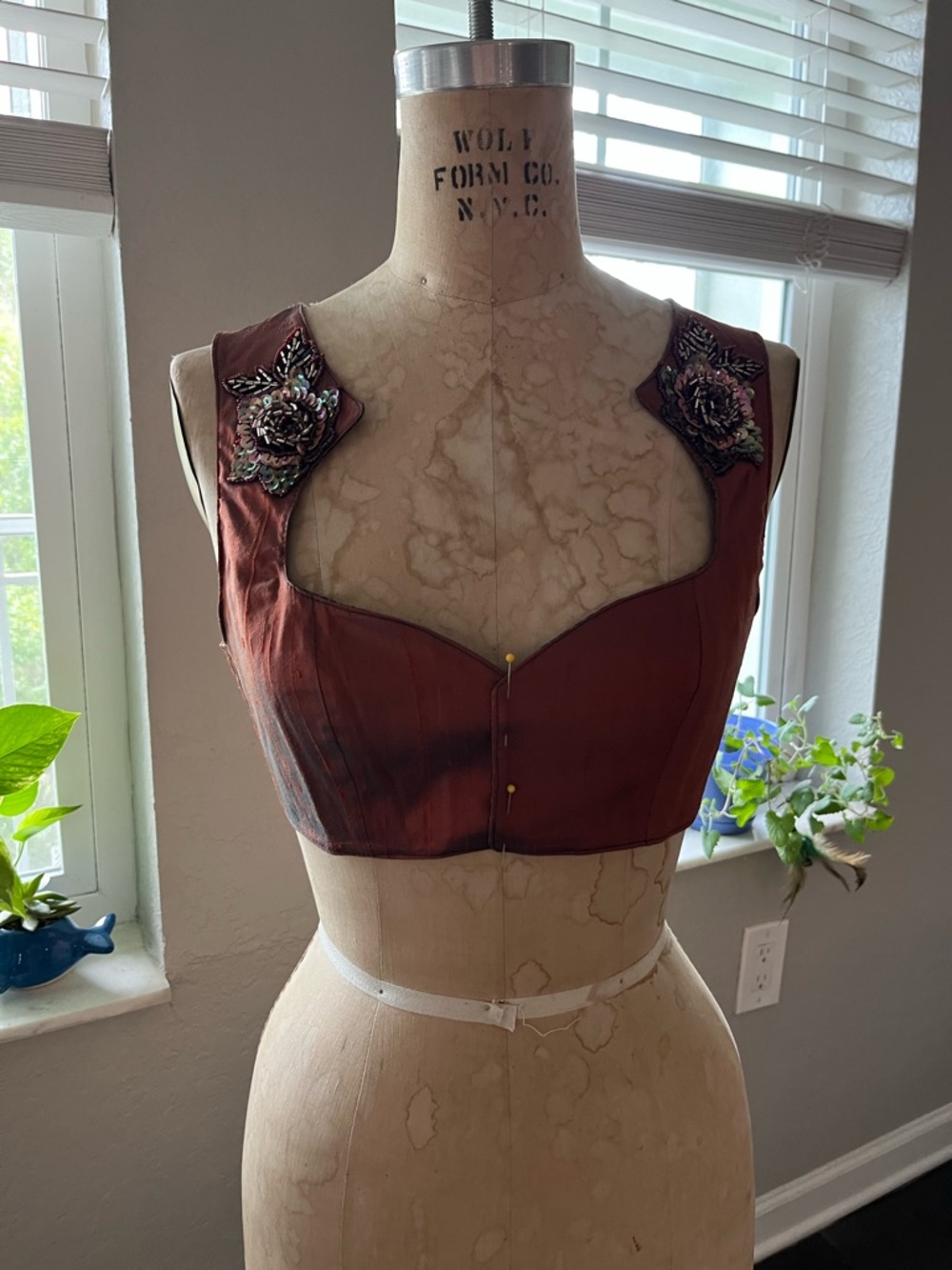 Embellished Rust Brown Copper Crop Top with Floral Applique